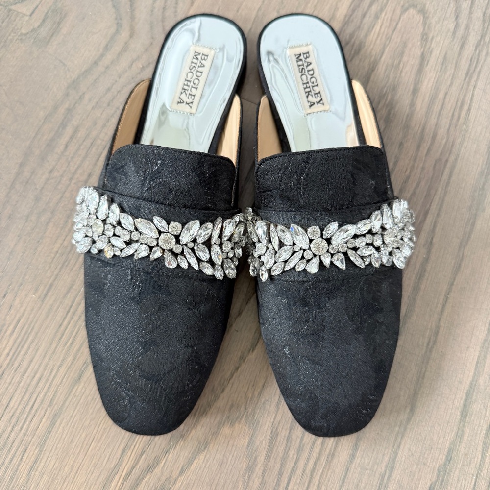 Badgley Mischka Black Crystal Embellished Mules